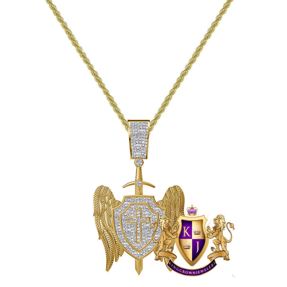 Real Genuine Diamond 0.61 Cwt. 20+ Grams Saint Michael Archangel Cross Shield Sword Wings Charm 10K Solid Gold Over Pendent Chain Set 2''