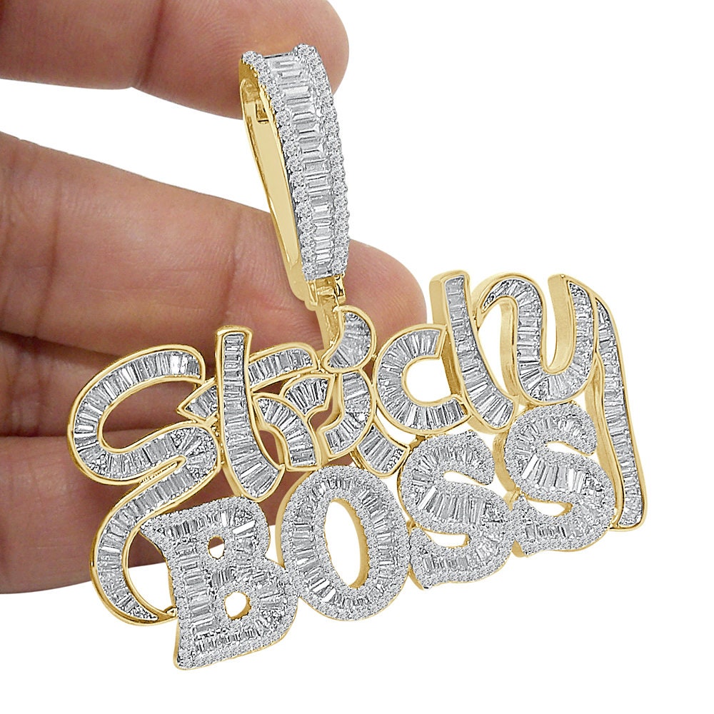 32+ Grams Big Bold 2.5'' Baguette/Round Cut 6.00 Cwt. Simulated Diamond Strictly Boss Exclusive Custom Piece 14K Gold On Men's Pendant Charm