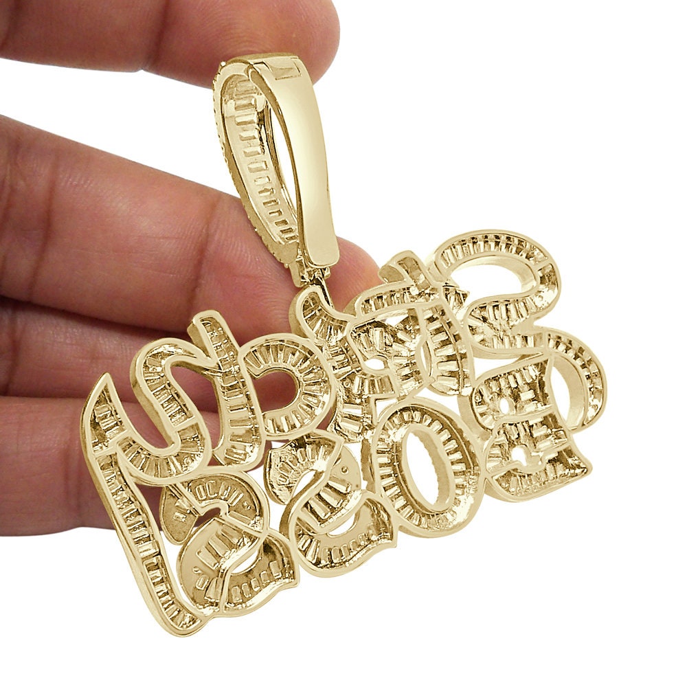 32+ Grams Big Bold 2.5'' Baguette/Round Cut 6.00 Cwt. Simulated Diamond Strictly Boss Exclusive Custom Piece 14K Gold On Men's Pendant Charm