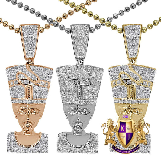 Real Genuine Natural Authentic Diamond 0.33 Cwt. Egyptian Queen Nefertiti Pharaoh Pendant 10K Gold Over Unisex Charm Chain Neckless Set 2''