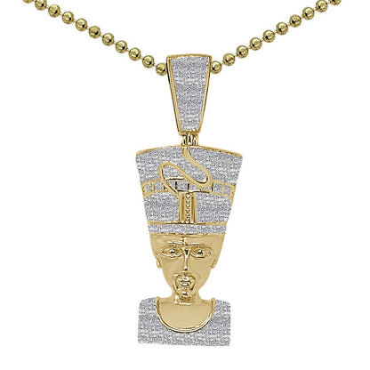 Real Genuine Natural Authentic Diamond 0.33 Cwt. Egyptian Queen Nefertiti Pharaoh Pendant 10K Gold Over Unisex Charm Chain Neckless Set 2''