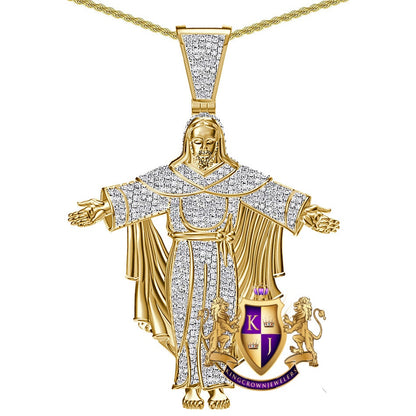 Real Genuine Authentic Diamond 0.65 Cwt. 18+ Grams Christ Redeemer Statue Jesus Full Body Pendant 10K Gold Over Cross Charm Chain Set 2.25''