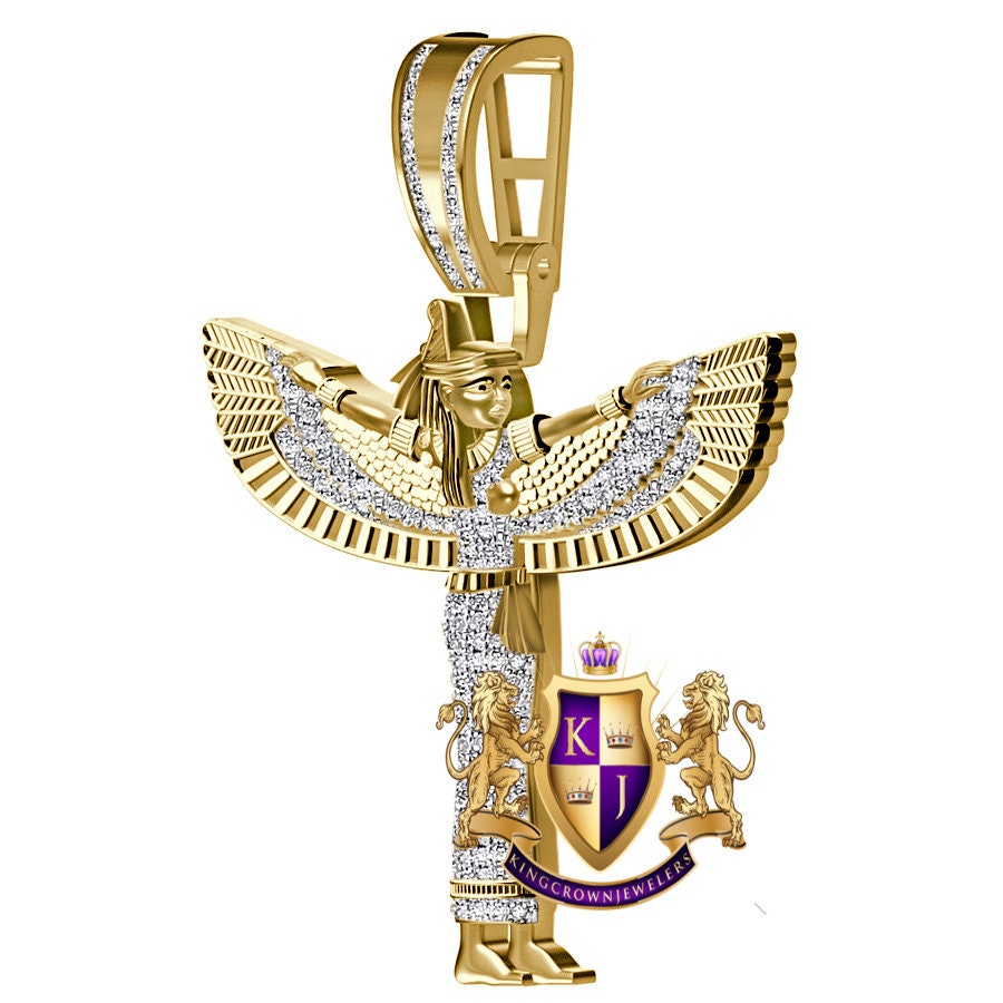 Real Genuine Authentic Diamond 0.65 Ct. 22+ Grams Egyptian Horus Sky Goddess God Isis Osiris Pendant 10K Gold On Pharaoh Charm +Chain 2.25''