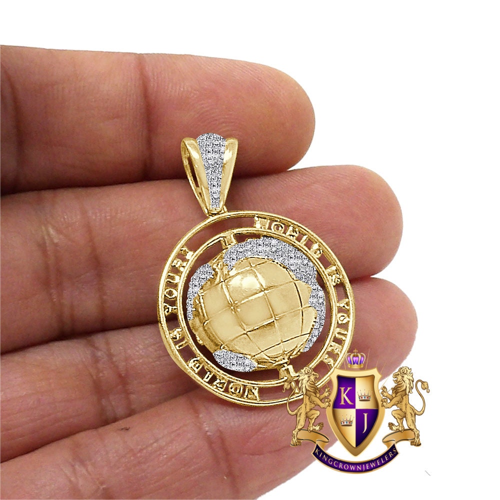 10K Real Solid Yellow Gold Genuine Authentic Natural Diamond 0.74 Ctw.Rotating World Is Your Map Globe Mens Charm Pendant 1.25''