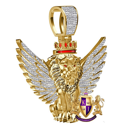 100% Real Genuine Authentic Diamond 0.60 Cwt. 24+ Grams Winged Flying Lion Head Crown Face Jungle King Custom Charm 10K Gold Over Pendant