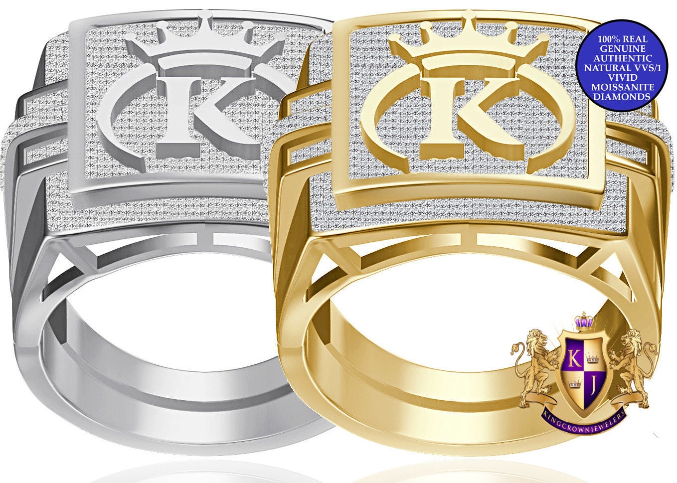 Men's Genuine Authentic 1.25 Cwt. VVS1 Natural MOISSANITE Diamond Initial Letter Alphabet "K" Royal King Crown Face 10K Gold Over Ring Band