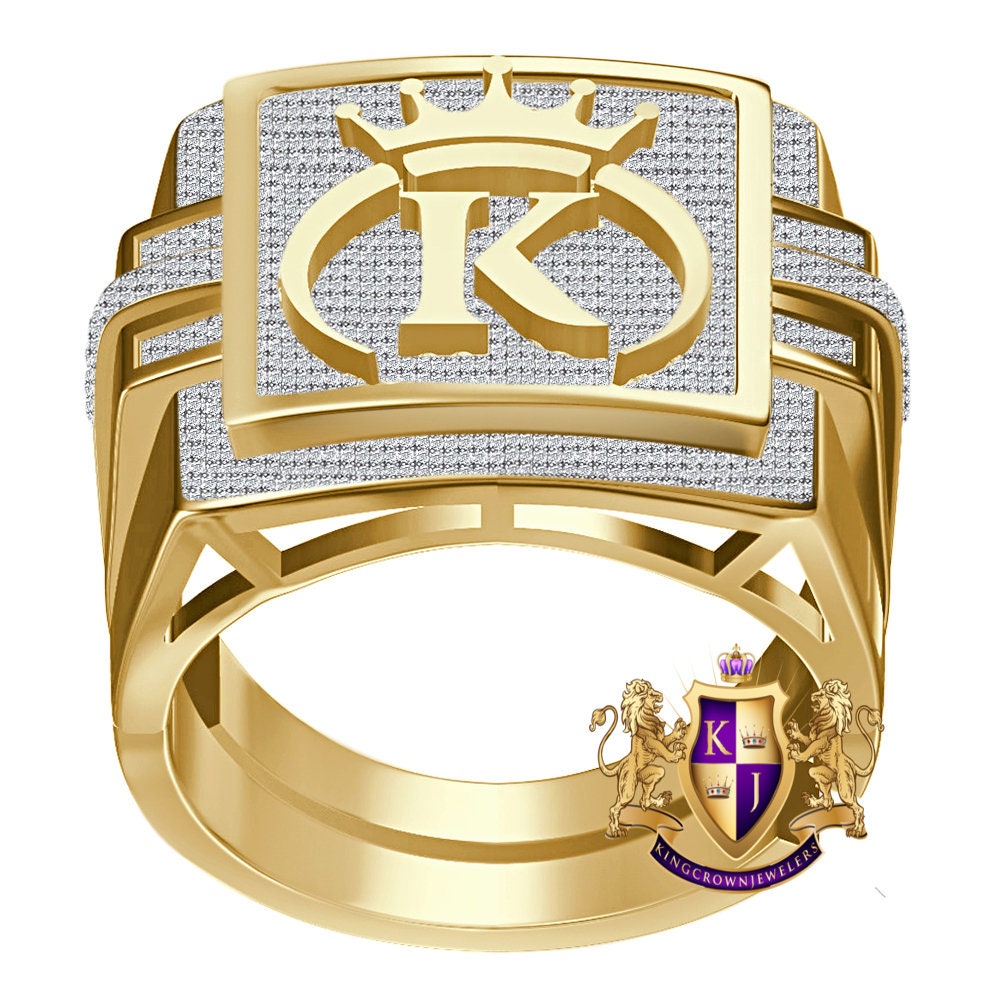 Men's Genuine Authentic 1.25 Cwt. VVS1 Natural MOISSANITE Diamond Initial Letter Alphabet "K" Royal King Crown Face 10K Gold Over Ring Band