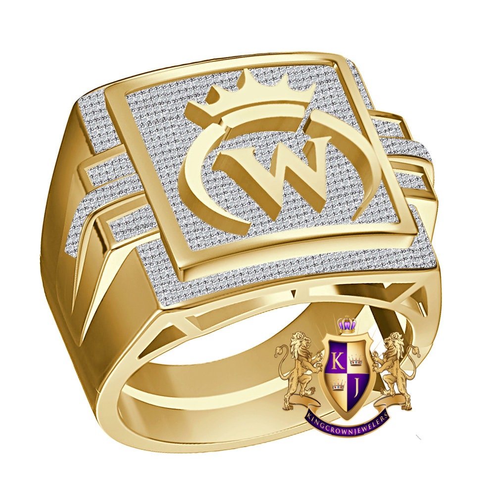 Men's Genuine Authentic 1.25 Cwt. VVS1 Natural MOISSANITE Diamond Initial Letter Alphabet "W" Royal King Crown Face Ring 10K Gold Over Band