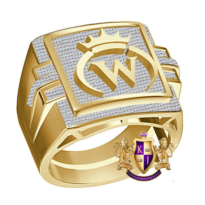 Men's Genuine Authentic 1.25 Cwt. VVS1 Natural MOISSANITE Diamond Initial Letter Alphabet "W" Royal King Crown Face Ring 10K Gold Over Band