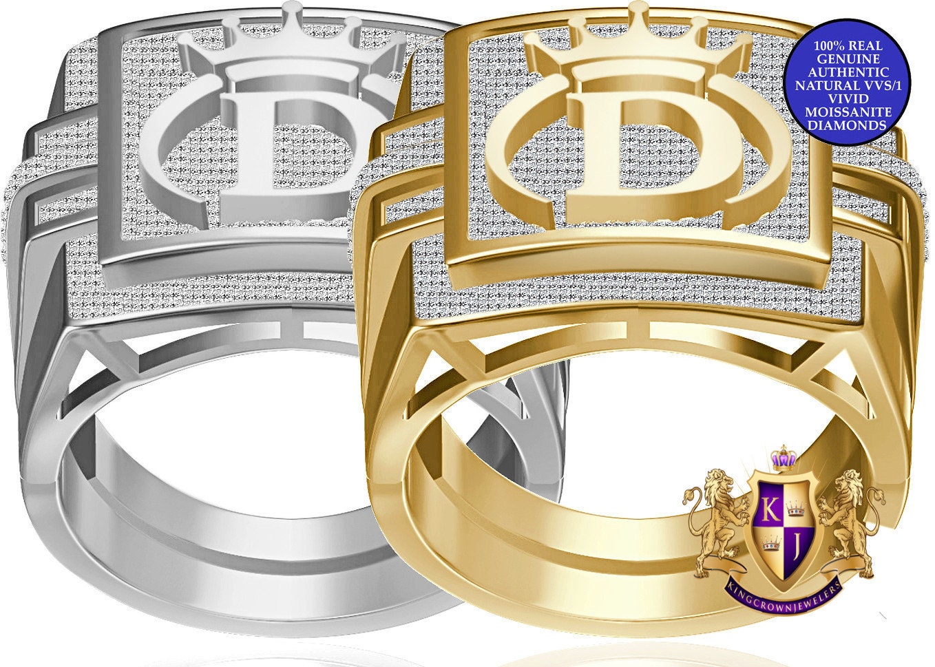 Men's Real Genuine Authentic 1.25 Cwt. VVS1 Natural MOISSANITE Diamond Initial Letter Alphabet "D" Crown Face Ring 10K Gold On Band Big 22mm