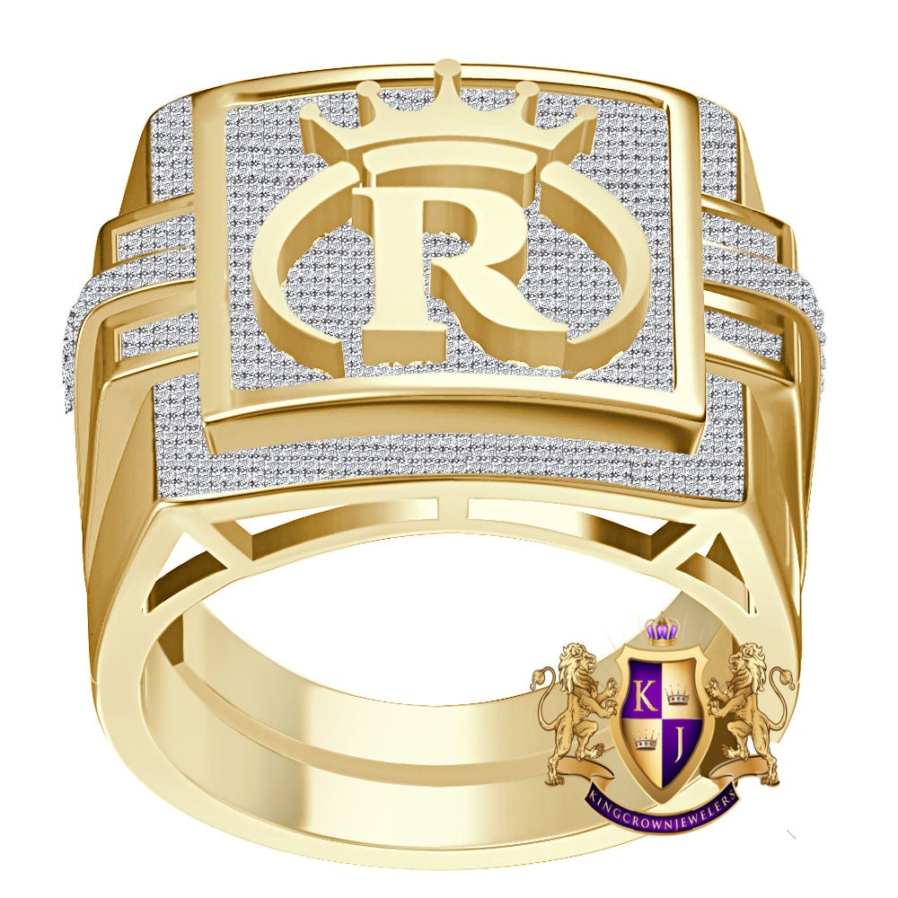 Men's Real Genuine Authentic 1.25 Cwt. VVS1 Natural MOISSANITE Diamond Initial Letter Alphabet "R" Crown Face Ring 10K Gold On Band Big 22mm