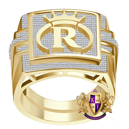 Men's Real Genuine Authentic 1.25 Cwt. VVS1 Natural MOISSANITE Diamond Initial Letter Alphabet "R" Crown Face Ring 10K Gold On Band Big 22mm