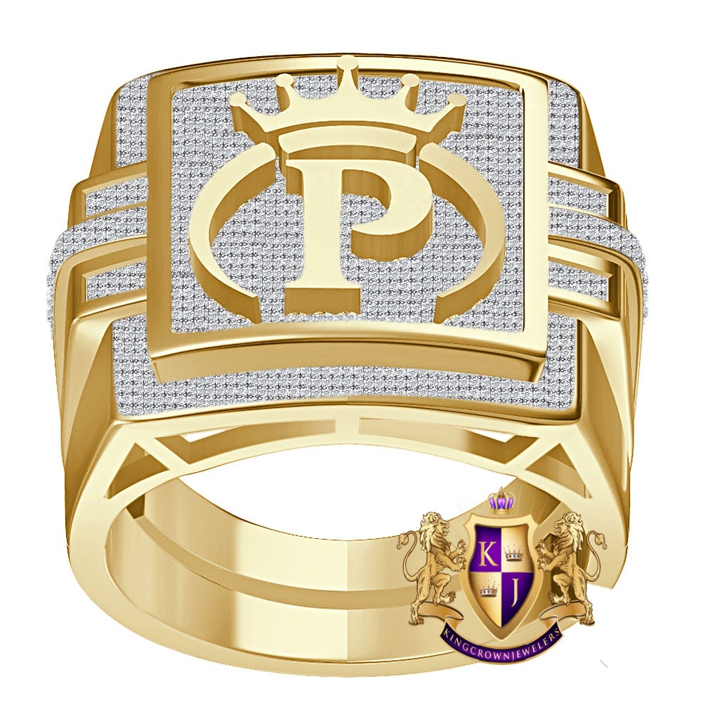 Men's Real Genuine Authentic 1.25 Cwt. VVS1 Natural MOISSANITE Diamond Initial Letter Alphabet "P" Crown Face Ring 10K Gold On Band Big 22mm