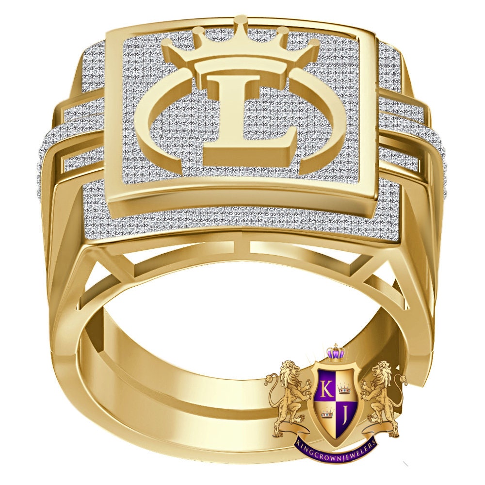 Men's Real Genuine Authentic 1.25 Cwt. VVS1 Natural MOISSANITE Diamond Initial Letter Alphabet "L" Crown Face Ring 10K Gold On Band Big 22mm