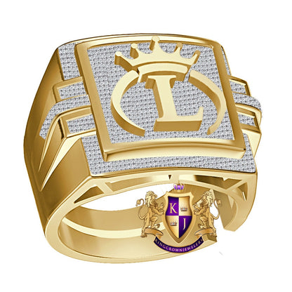 Men's Real Genuine Authentic 1.25 Cwt. VVS1 Natural MOISSANITE Diamond Initial Letter Alphabet "L" Crown Face Ring 10K Gold On Band Big 22mm