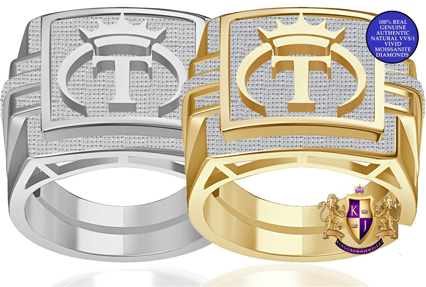 Men's Genuine Authentic 1.25 Cwt. VVS1 Natural MOISSANITE Diamond Initial Letter Alphabet "T" Royal Face King Crown 10K Gold Over Ring Band