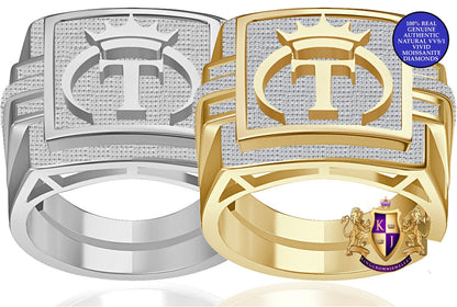 Men's Genuine Authentic 1.25 Cwt. VVS1 Natural MOISSANITE Diamond Initial Letter Alphabet "T" Royal Face King Crown 10K Gold Over Ring Band