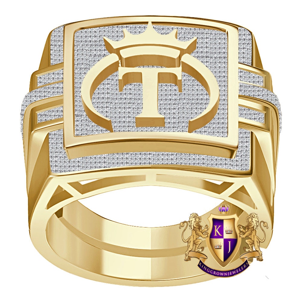 Men's Genuine Authentic 1.25 Cwt. VVS1 Natural MOISSANITE Diamond Initial Letter Alphabet "T" Royal Face King Crown 10K Gold Over Ring Band