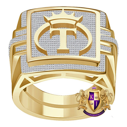 Men's Genuine Authentic 1.25 Cwt. VVS1 Natural MOISSANITE Diamond Initial Letter Alphabet "T" Royal Face King Crown 10K Gold Over Ring Band
