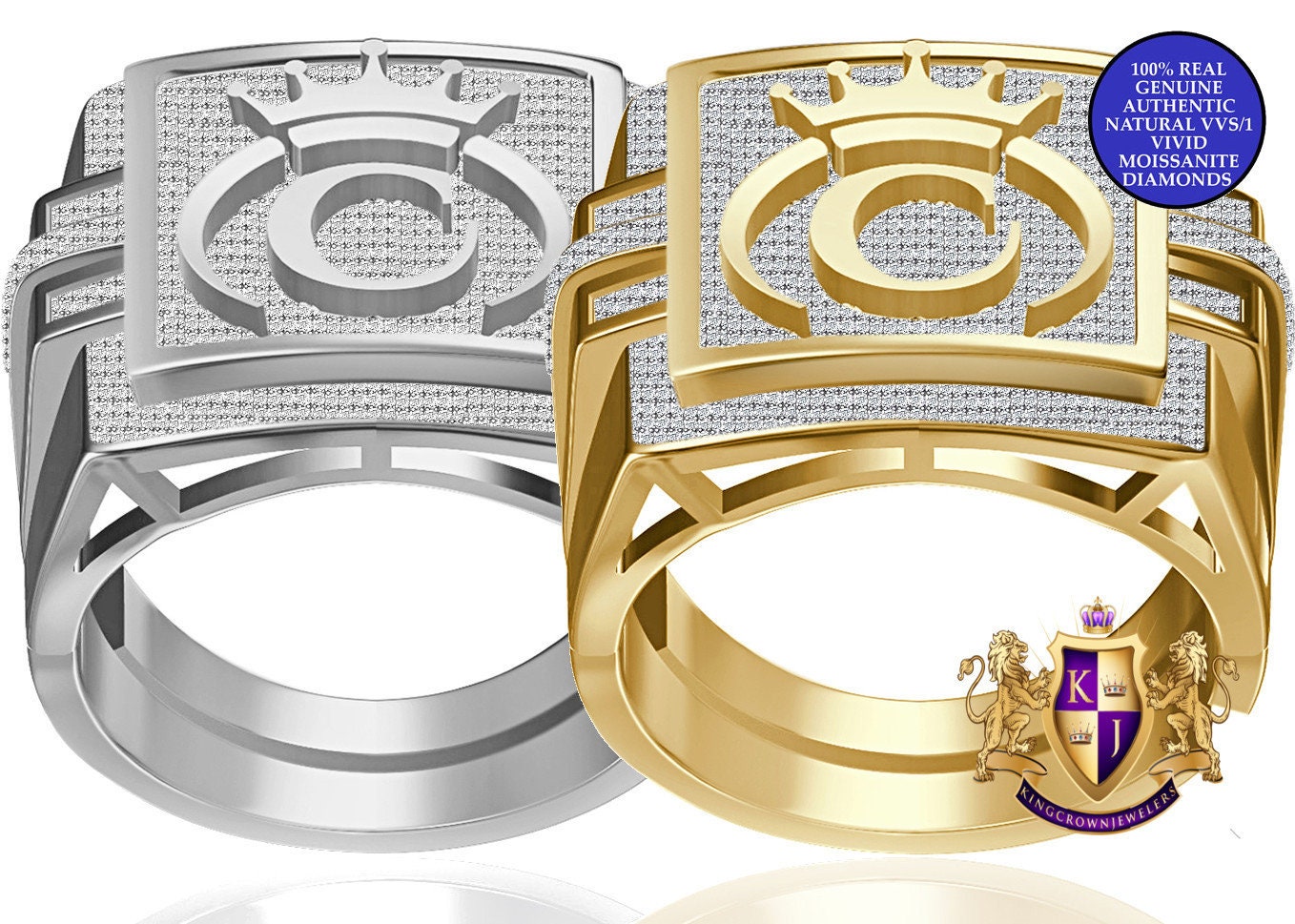 Men's Genuine Authentic 1.25 Cwt. VVS1 Natural MOISSANITE Diamond Initial Letter Alphabet "C" Royal King Crown Face 10K Gold Over Ring Band