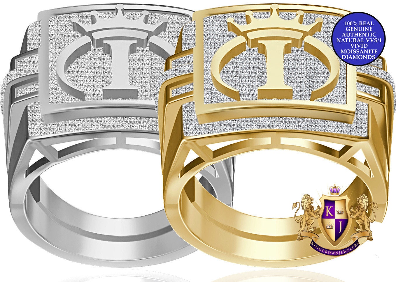 Men's Genuine Authentic 1.25 Cwt. VVS1 Natural MOISSANITE Diamond Initial Letter Alphabet "I" Royal King Crown Face Ring 10K Gold On Band