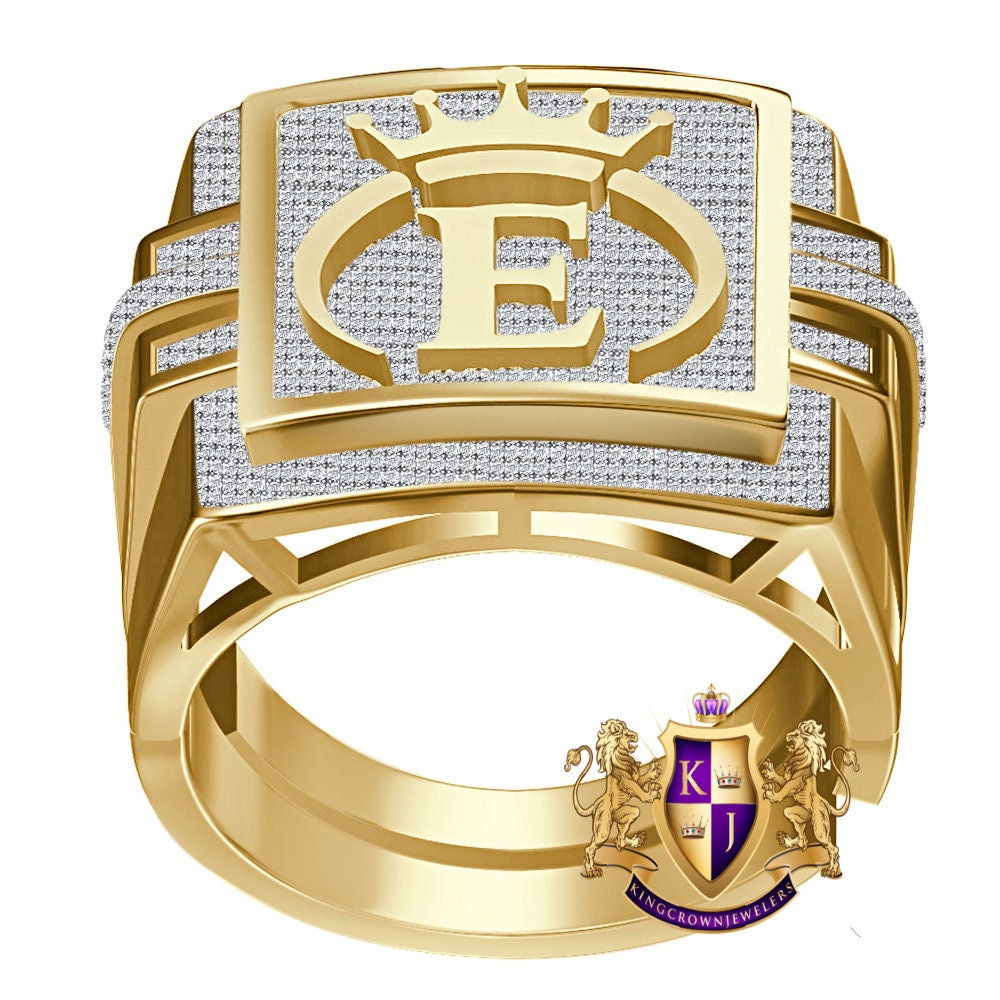 Men's Genuine Authentic 1.25 Cwt. VVS1 Natural MOISSANITE Diamond Initial Letter Alphabet "E" Royal King Crown Face Ring 10K Gold Over Band