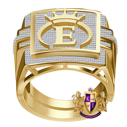 Men's Genuine Authentic 1.25 Cwt. VVS1 Natural MOISSANITE Diamond Initial Letter Alphabet "E" Royal King Crown Face Ring 10K Gold Over Band