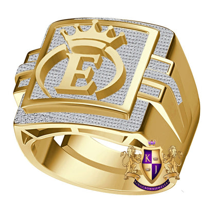Men's Genuine Authentic 1.25 Cwt. VVS1 Natural MOISSANITE Diamond Initial Letter Alphabet "E" Royal King Crown Face Ring 10K Gold Over Band