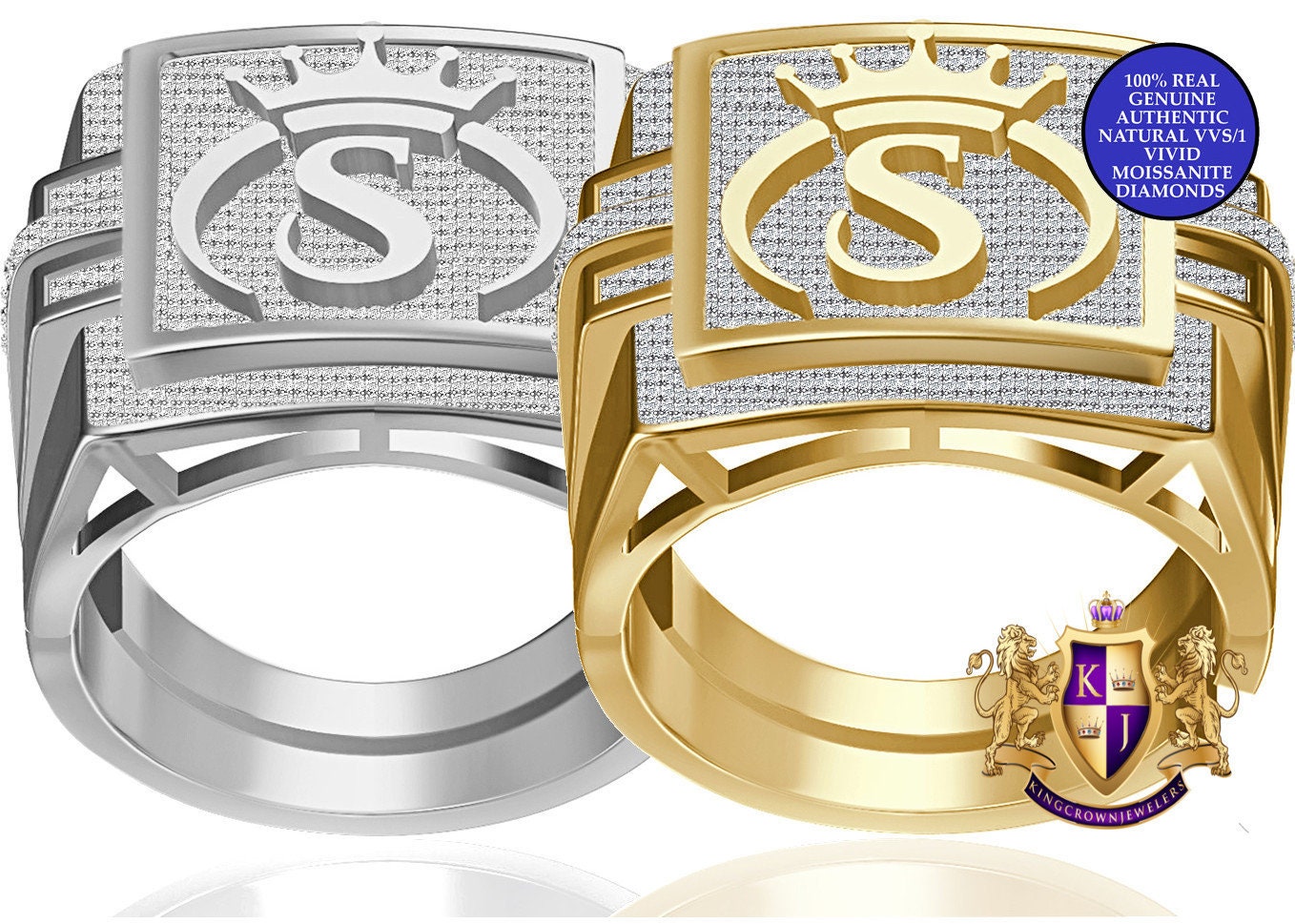 Men's Genuine Authentic 1.25 Cwt. VVS1 Natural MOISSANITE Diamond Initial Letter Alphabet "S" Royal King Crown Face 10K Gold Over Ring Band