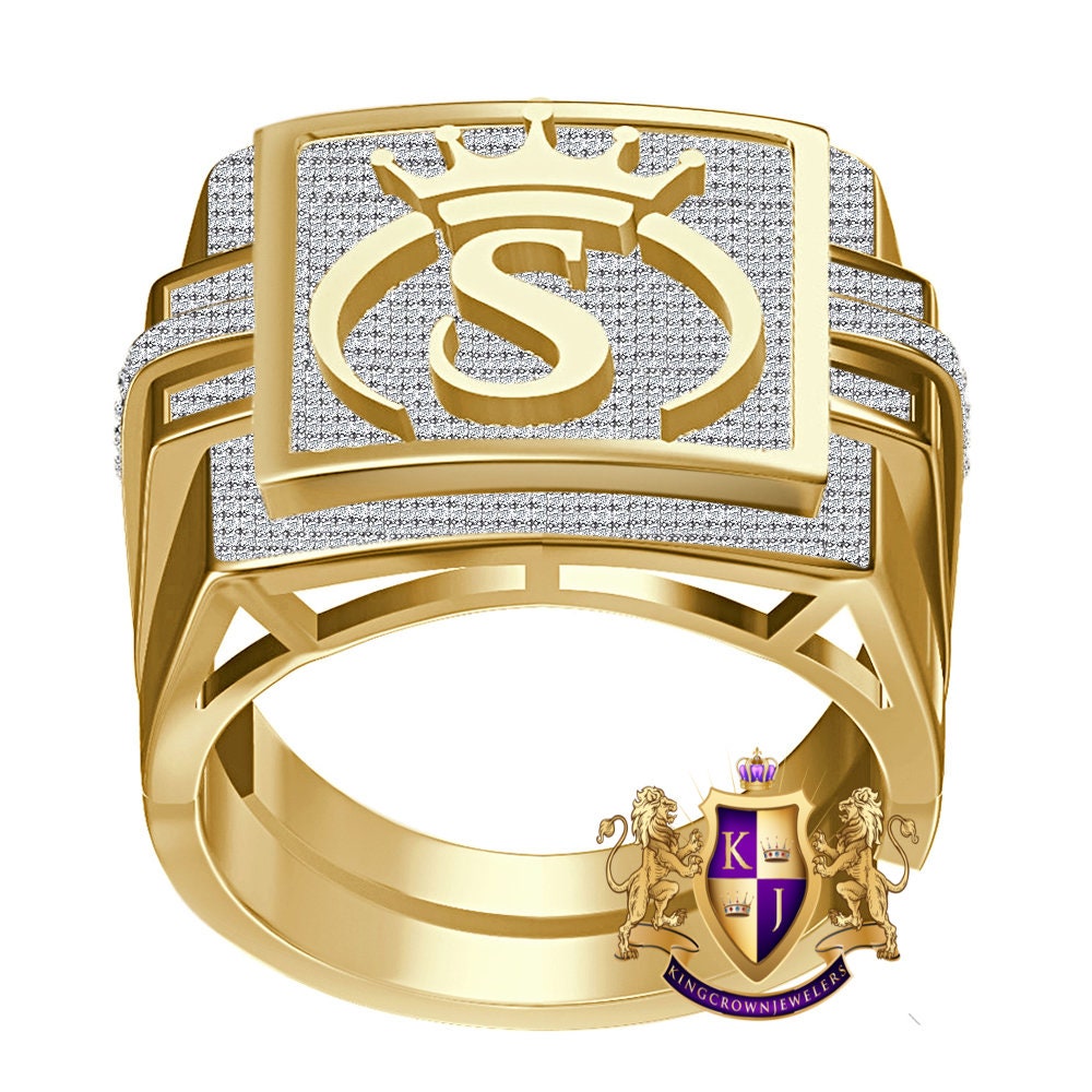 Men's Genuine Authentic 1.25 Cwt. VVS1 Natural MOISSANITE Diamond Initial Letter Alphabet "S" Royal King Crown Face 10K Gold Over Ring Band
