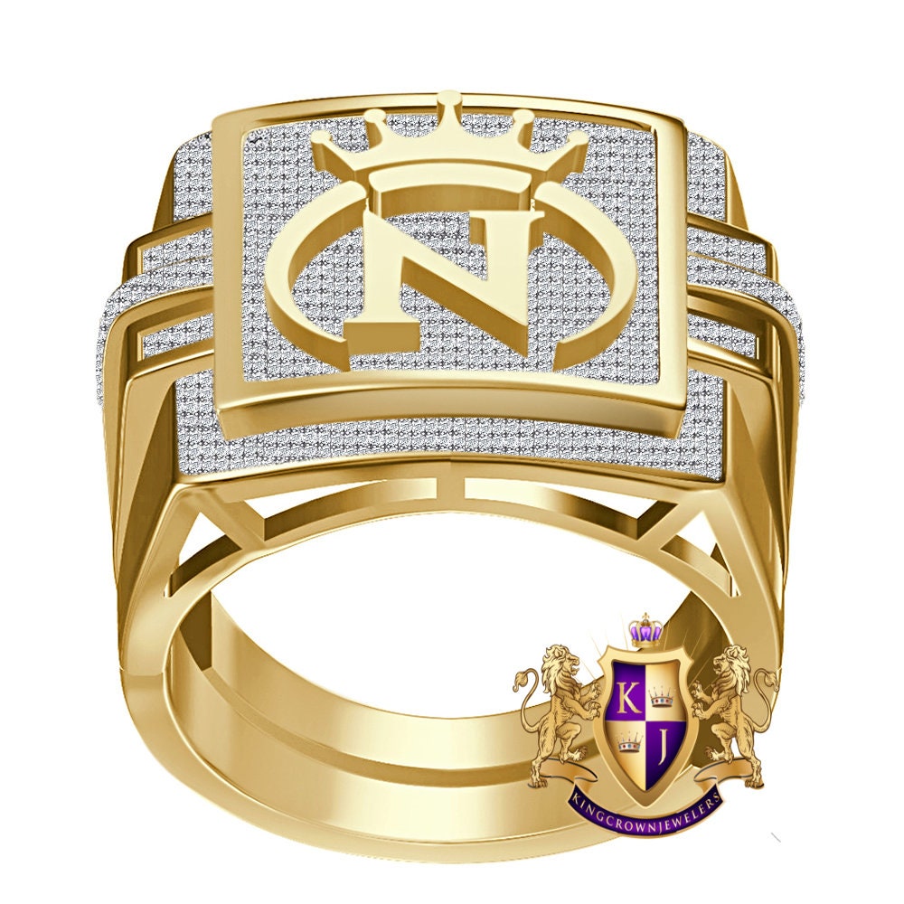 Men's Genuine Authentic 1.25 Cwt. VVS1 Natural MOISSANITE Diamond Initial Letter Alphabet "N" Royal King Crown Face Ring 10K Gold Over Band