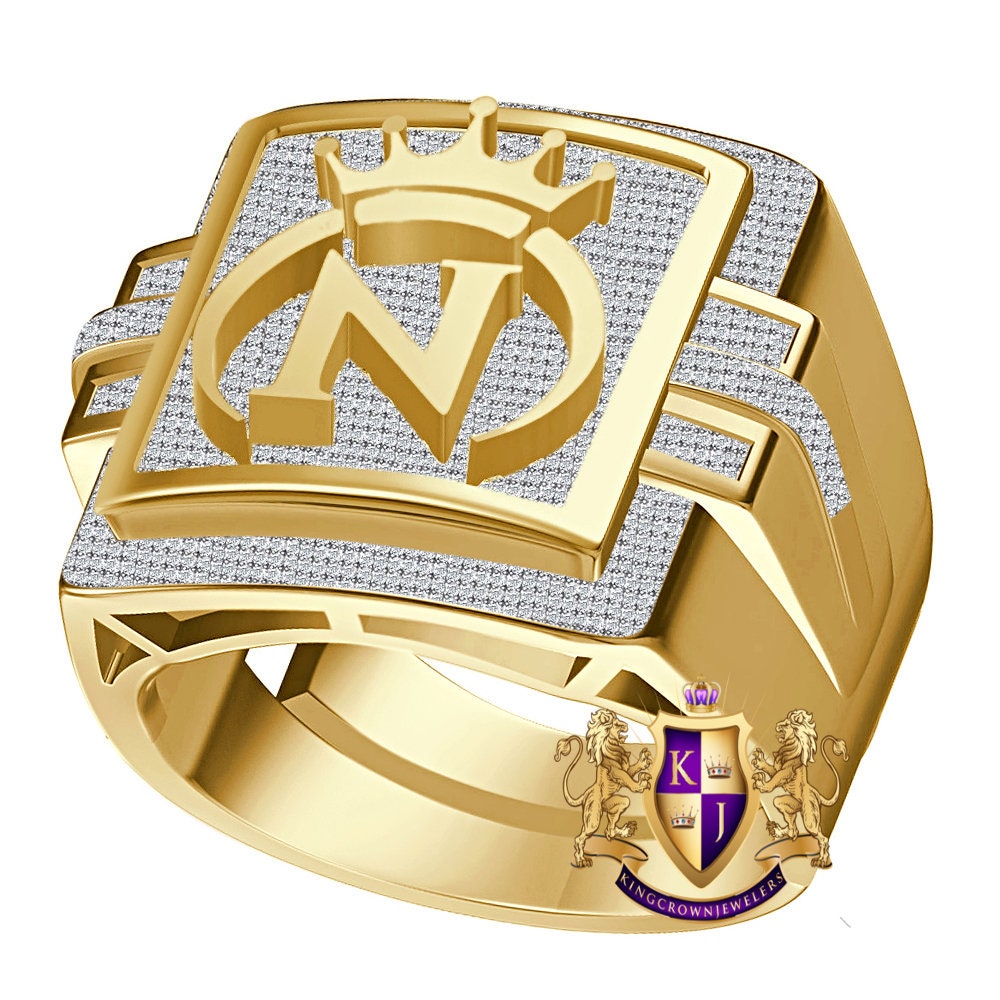 Men's Genuine Authentic 1.25 Cwt. VVS1 Natural MOISSANITE Diamond Initial Letter Alphabet "N" Royal King Crown Face Ring 10K Gold Over Band