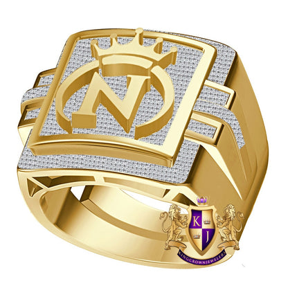 Men's Genuine Authentic 1.25 Cwt. VVS1 Natural MOISSANITE Diamond Initial Letter Alphabet "N" Royal King Crown Face Ring 10K Gold Over Band