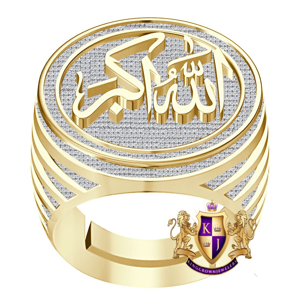 Real Genuine 1.75 Cwt. VVS1 Natural MOISSANITE Diamond Allah God Muslim Islamic Arabic Ring 10K Solid Gold Over Men's Band (Adjustable Size)