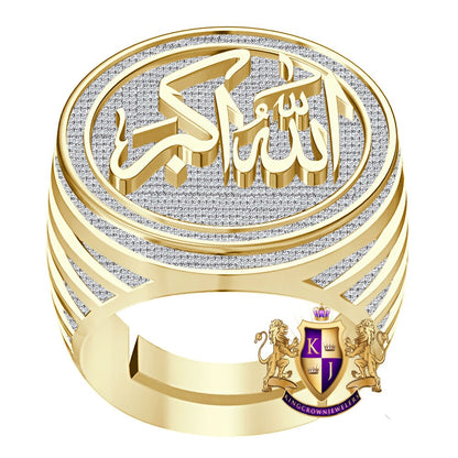 Real Genuine 1.75 Cwt. VVS1 Natural MOISSANITE Diamond Allah God Muslim Islamic Arabic Ring 10K Solid Gold Over Men's Band (Adjustable Size)