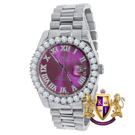 Solid Stainless Steel Roman Numeral Face Purple Amethyst Dial 18K Yellow Gold Tone Simulated Diamond 5 ATM Water Resistant Watch W/Date 42mm