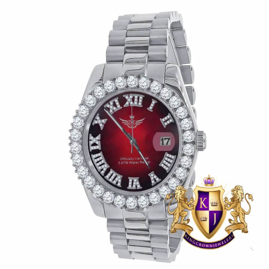 Full Solid Stainless Steel Roman Numeral Face Ruby Red Dial 18K White Gold Finish Simulated Diamond 5 ATM Water Resistant Watch W/Date 42mm