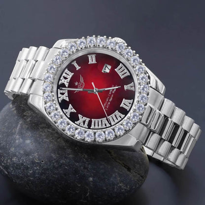 Full Solid Stainless Steel Roman Numeral Face Ruby Red Dial 18K White Gold Finish Simulated Diamond 5 ATM Water Resistant Watch W/Date 42mm