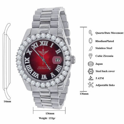 Full Solid Stainless Steel Roman Numeral Face Ruby Red Dial 18K White Gold Finish Simulated Diamond 5 ATM Water Resistant Watch W/Date 42mm