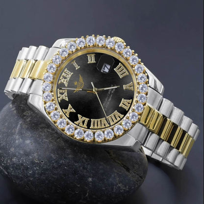 Solid Stainless Steel Roman Numeral Face Onyx Black Dial 18K 2 Tone Gold Finish Simulated Diamond 5 ATM Water Resistant Watch W/Date 42mm