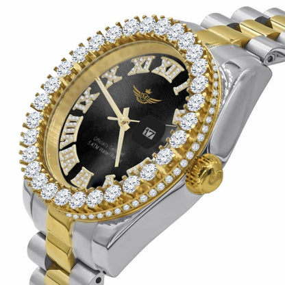 Solid Stainless Steel Roman Numeral Face Onyx Black Dial 18K 2 Tone Gold Finish Simulated Diamond 5 ATM Water Resistant Watch W/Date 42mm