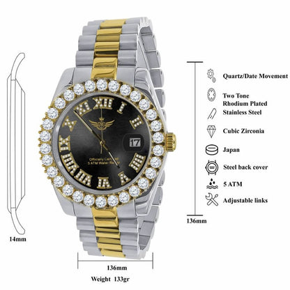 Solid Stainless Steel Roman Numeral Face Onyx Black Dial 18K 2 Tone Gold Finish Simulated Diamond 5 ATM Water Resistant Watch W/Date 42mm