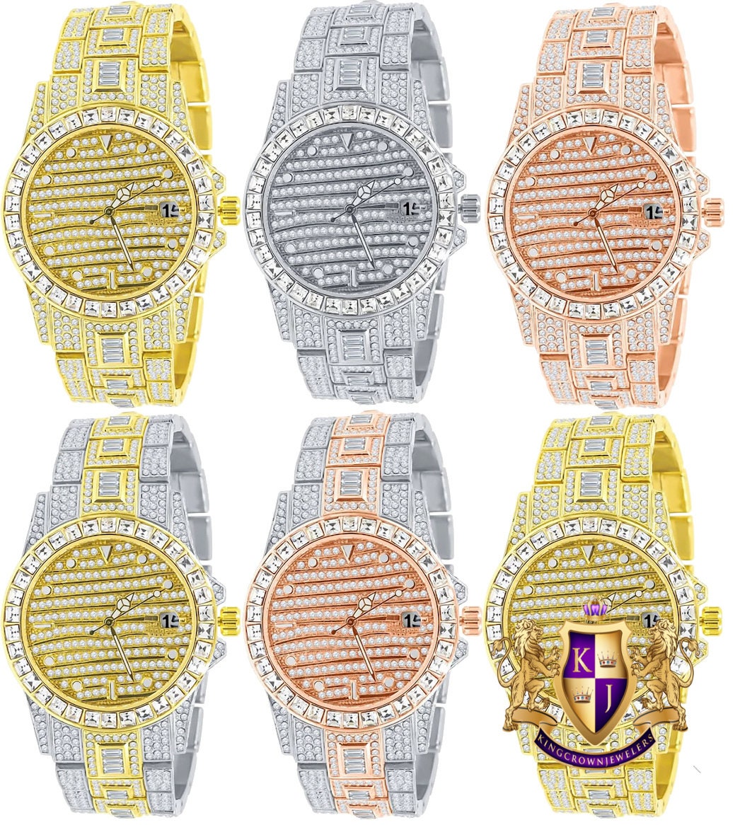 Men's Fully Iced 18K Gold Tone Simulated Diamond Solid Steel Back 5 ATM Water Resistant Celebrity Wear Luxury Watch 43mm W/Date Function