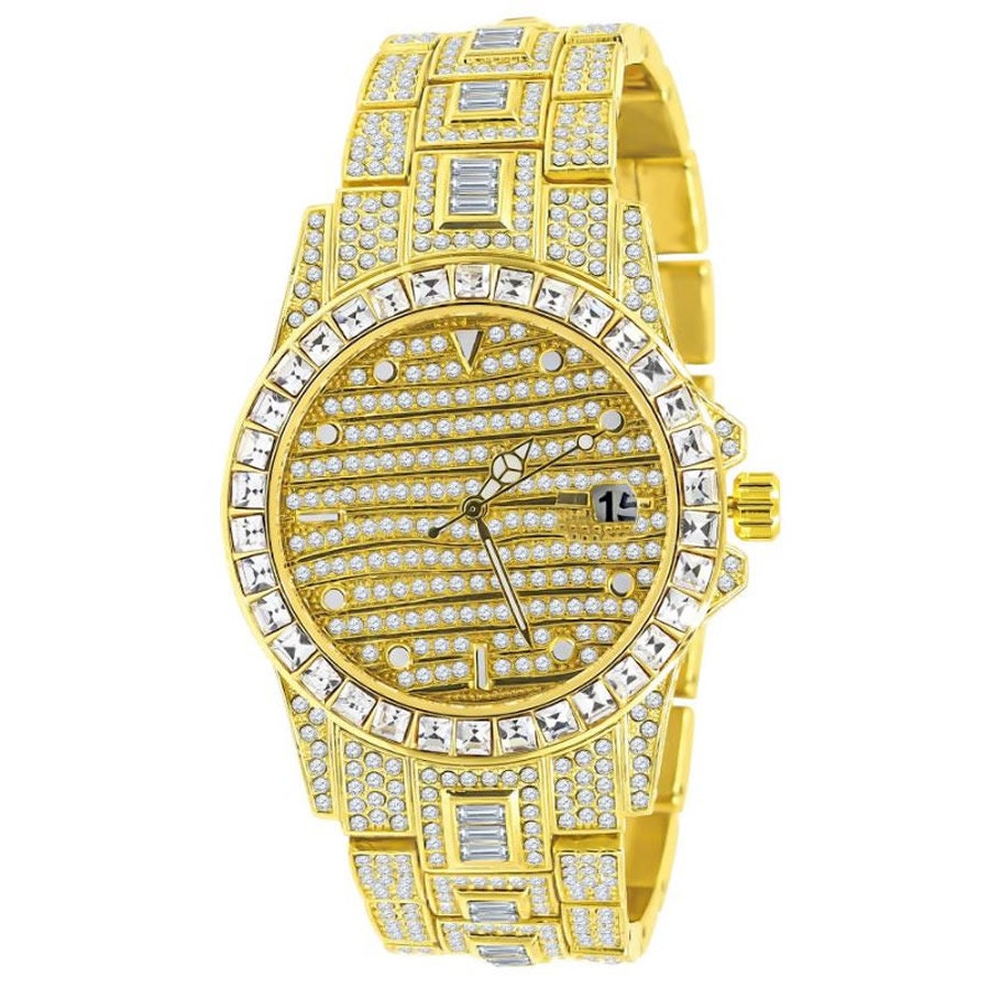 Men's Fully Iced 18K Gold Tone Simulated Diamond Solid Steel Back 5 ATM Water Resistant Celebrity Wear Luxury Watch 43mm W/Date Function