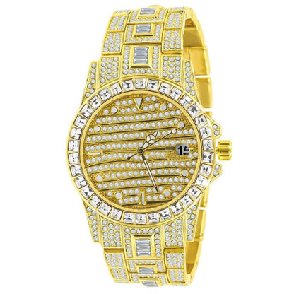 Men's Fully Iced 18K Gold Tone Simulated Diamond Solid Steel Back 5 ATM Water Resistant Celebrity Wear Luxury Watch 43mm W/Date Function