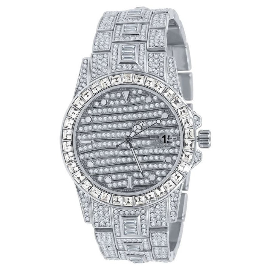 Men's Fully Iced 18K Gold Tone Simulated Diamond Solid Steel Back 5 ATM Water Resistant Celebrity Wear Luxury Watch 43mm W/Date Function