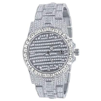 Men's Fully Iced 18K Gold Tone Simulated Diamond Solid Steel Back 5 ATM Water Resistant Celebrity Wear Luxury Watch 43mm W/Date Function