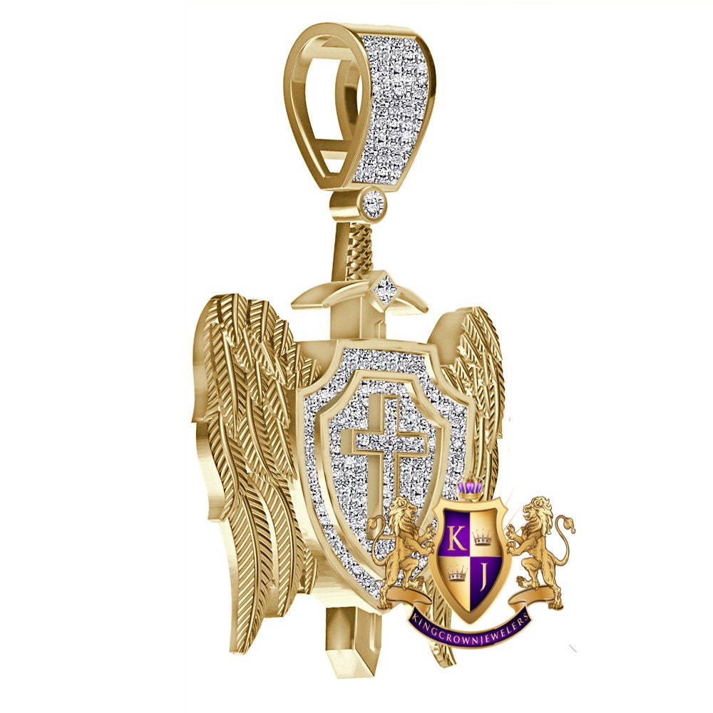 Real Genuine Diamond 0.61 Cwt. 20+ Grams Saint Michael Archangel Cross Shield Sword Wings Charm 10K Solid Gold Over Pendent Chain Set 2''
