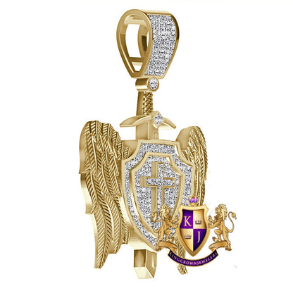 Real Genuine Diamond 0.61 Cwt. 20+ Grams Saint Michael Archangel Cross Shield Sword Wings Charm 10K Solid Gold Over Pendent Chain Set 2''