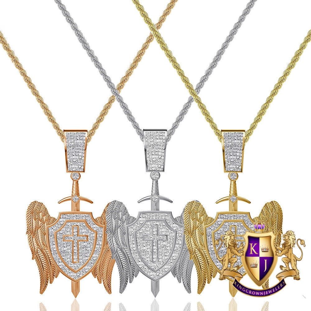 Real Genuine Diamond 0.61 Cwt. 20+ Grams Saint Michael Archangel Cross Shield Sword Wings Charm 10K Solid Gold Over Pendent Chain Set 2''